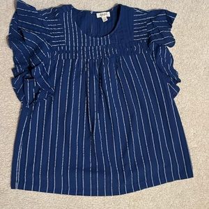 Flutter sleeve blue w/white stripes eyelet closure back linen like material. EUC
